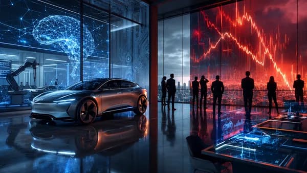 Unbranded electric car in a tense futuristic tech hub with abstract market visuals and AI screens.