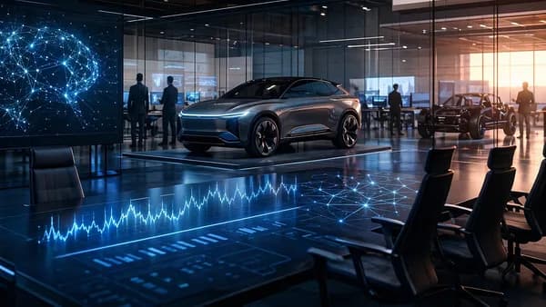 Luxury EV prototype in a futuristic studio with empty executive chairs suggesting leadership shakeup.