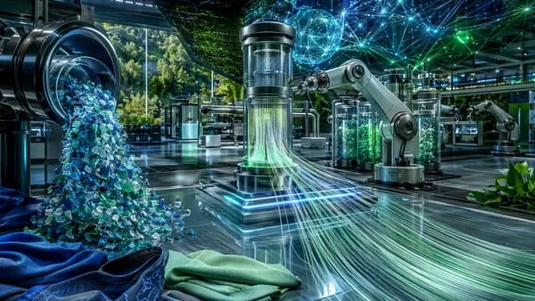 Futuristic lab turning recycled nylon textiles into new fibers with AI networks and clean tech equipment.