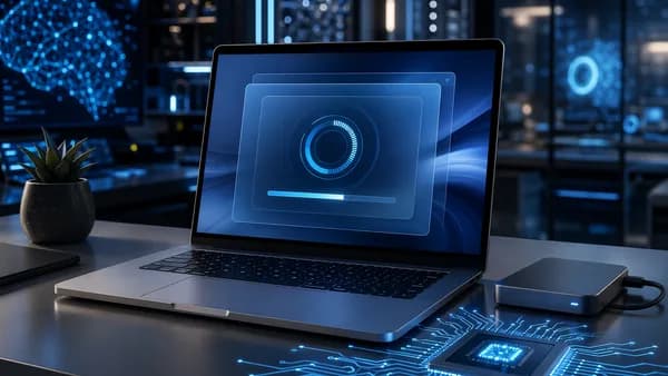 Aluminum laptop with abstract beta update visuals and backup drive in a sleek futuristic workspace.