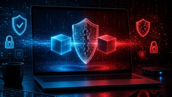 Generic laptop shows a trusted app cube replaced by a red evil twin behind a cracked security shield.