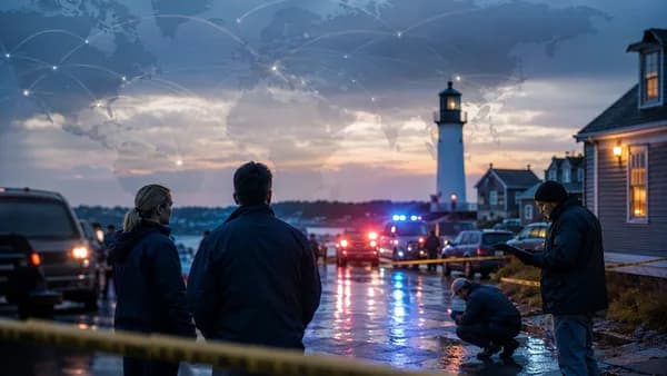 Investigators at a rainy Maine street scene with global map overlay, symbolizing an ICE shooting probe.