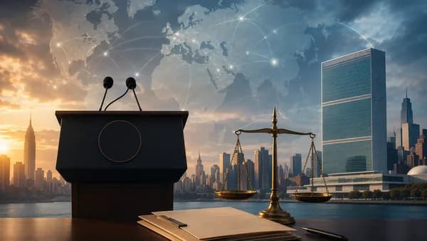 NYC skyline, legal scales, and global map symbolizing diplomatic and legal tension