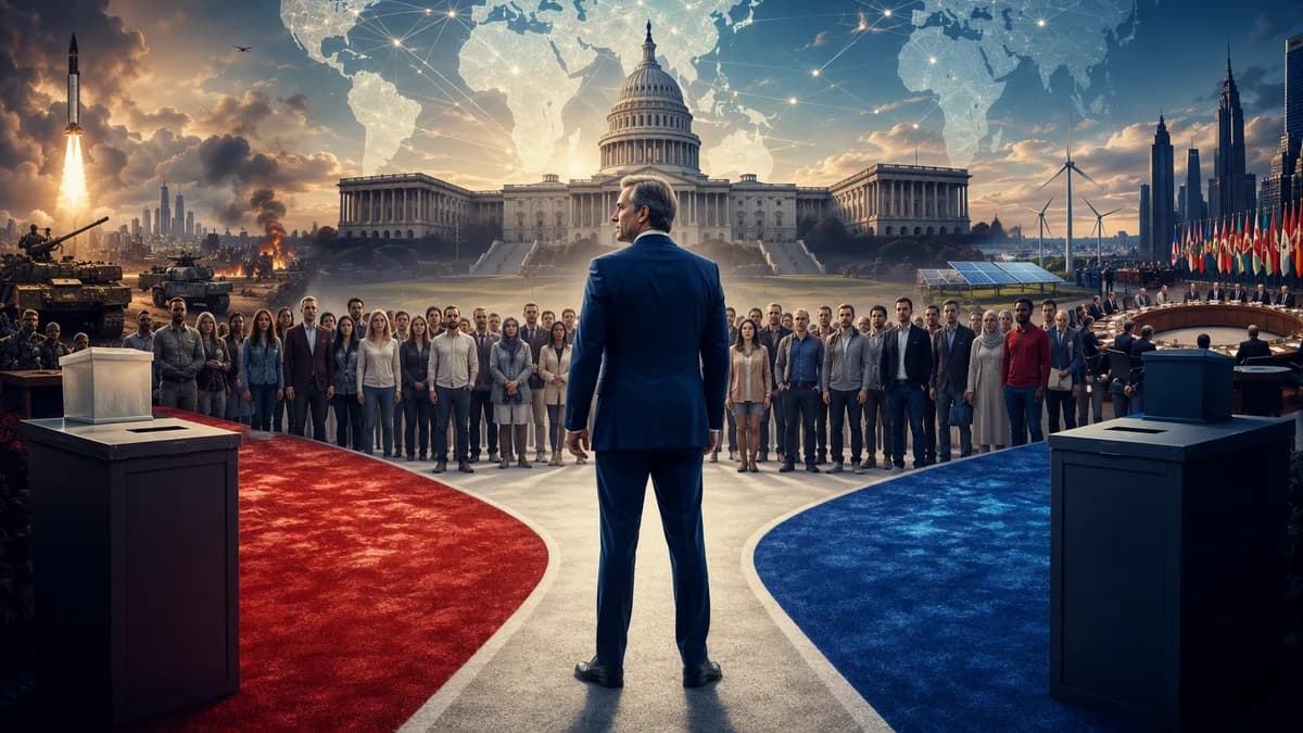 Independent voters gather at a political crossroads with a global map backdrop and capitol skyline.