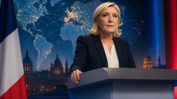 French presidential candidate before a global map, symbolizing the 2027 race and public trust.