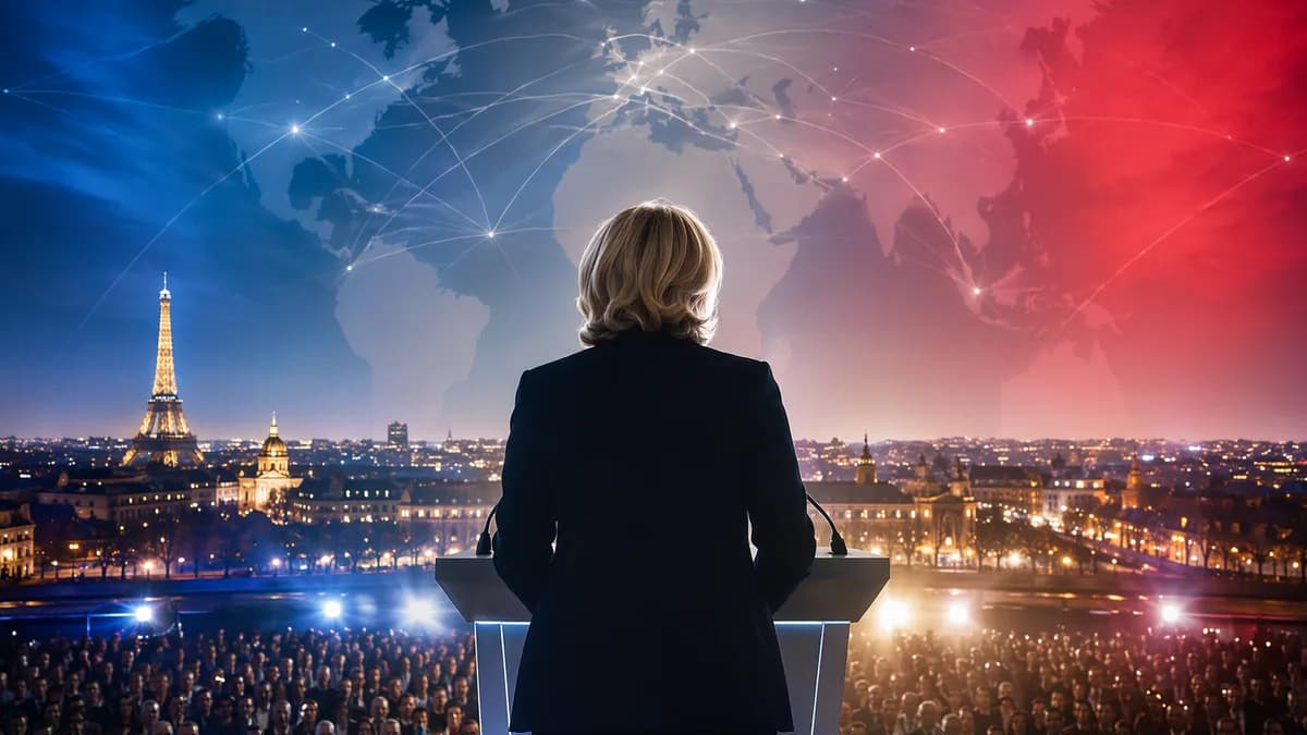 Symbolic French election rally with Paris skyline and global network map, suggesting far-right political pressure.