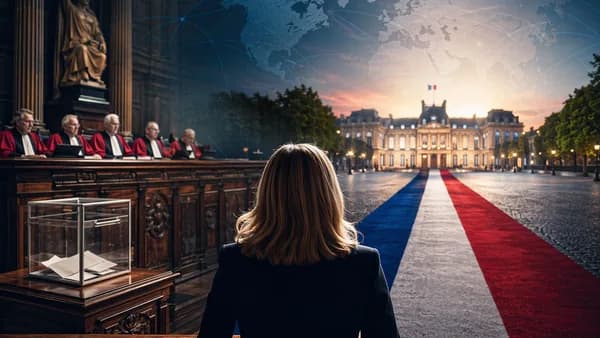 Paris courtroom and ballot box symbolize a legal fight over a French presidential bid.