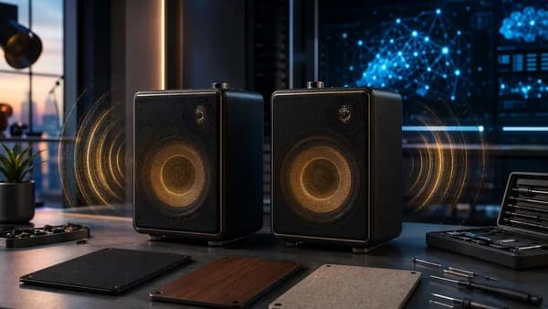 Premium wireless speakers with modular panels, repair tools, and glowing bass waves in a futuristic studio.