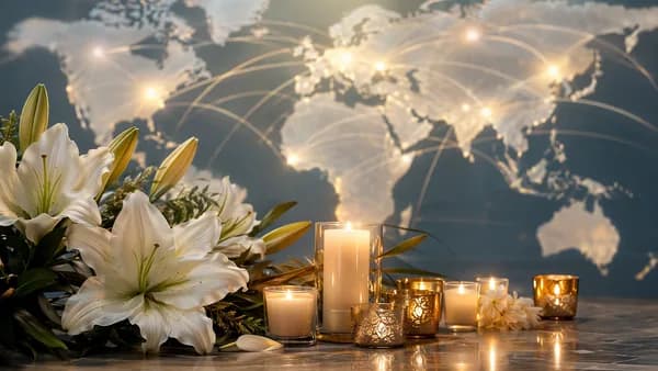 Elegant memorial flowers and candles before a subtle connected world map, symbolizing global remembrance.