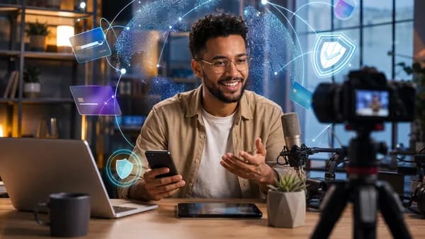 Creator in a studio surrounded by secure digital payment and global payout visuals