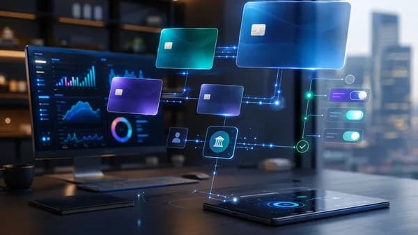 Floating virtual cards and secure payment nodes illustrate programmable B2B spend controls.