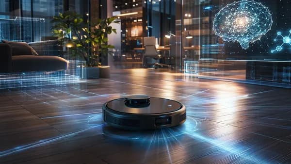 Premium robot vacuum in a futuristic smart home with AI screens and glowing navigation beams