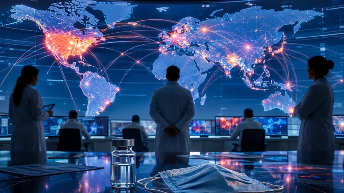 Public health team studies a glowing world map as measles outbreak points spread across the United States.