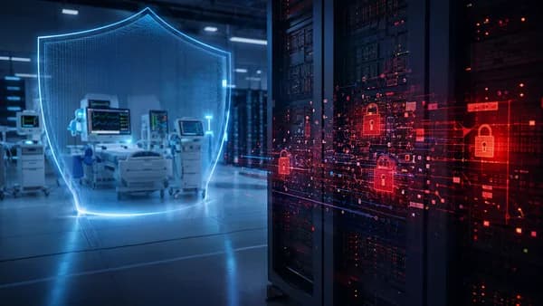 Hospital IT breach scene with protected medical devices, servers, shields, locks, and data streams.