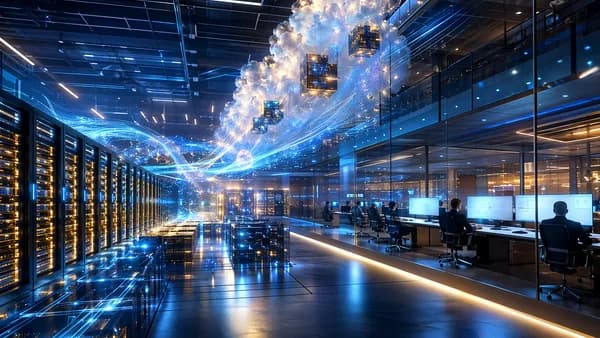 Futuristic AI data center turning excess compute into cloud infrastructure revenue
