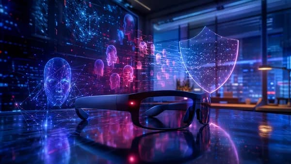 Generic AI smart glasses with glowing LED amid data streams, suggesting privacy and surveillance concerns.