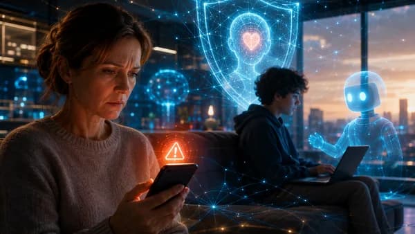 Parent receives an abstract AI safety alert as a teen uses a laptop in a futuristic tech workspace.