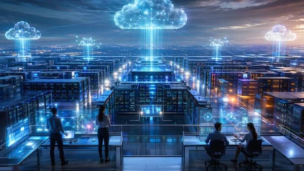 Futuristic AI cloud data center with servers, neural networks, and engineers monitoring compute infrastructure.
