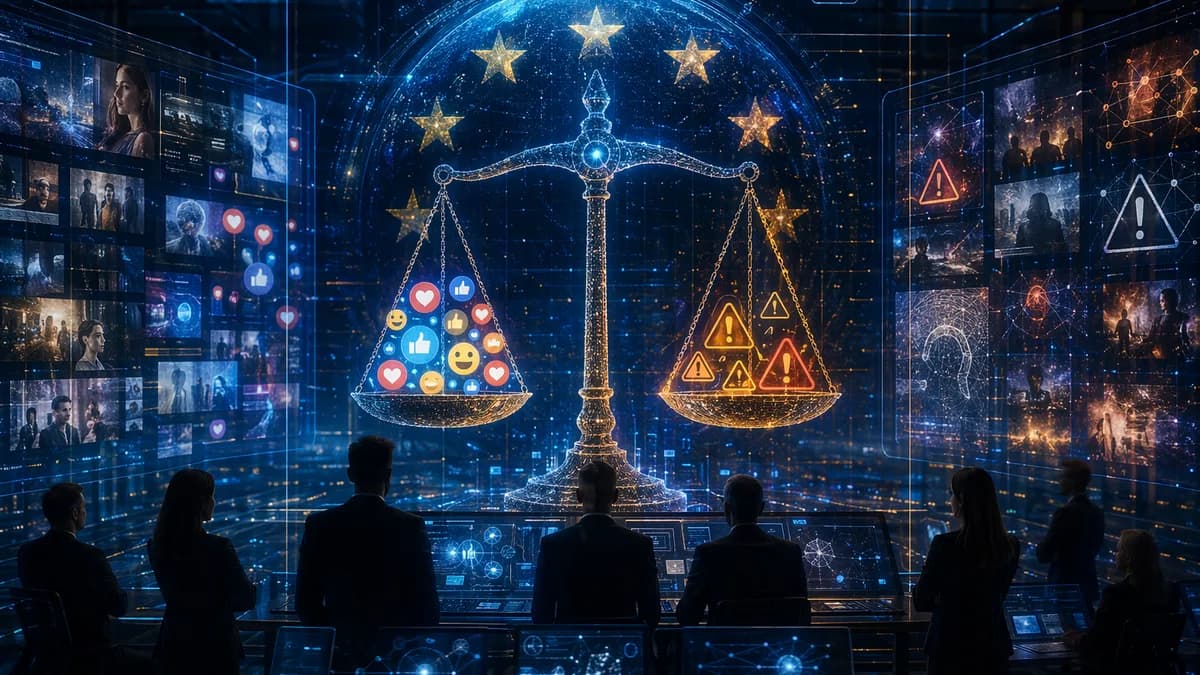 EU regulators scrutinize addictive social media feeds in a futuristic tech oversight room.