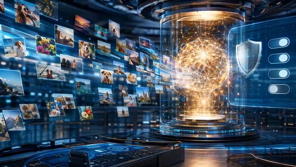 Generic social media photos flowing into an AI image engine with privacy controls in a futuristic workspace.