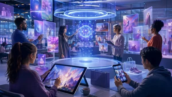 Creators use a social AI image generator in a futuristic studio with holographic visuals and devices.