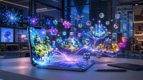 AI-generated mini games emerging from a phone in a futuristic tech workspace.