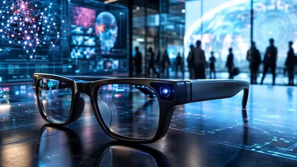 Smart glasses on a futuristic desk with AI networks and privacy surveillance tension in the background.