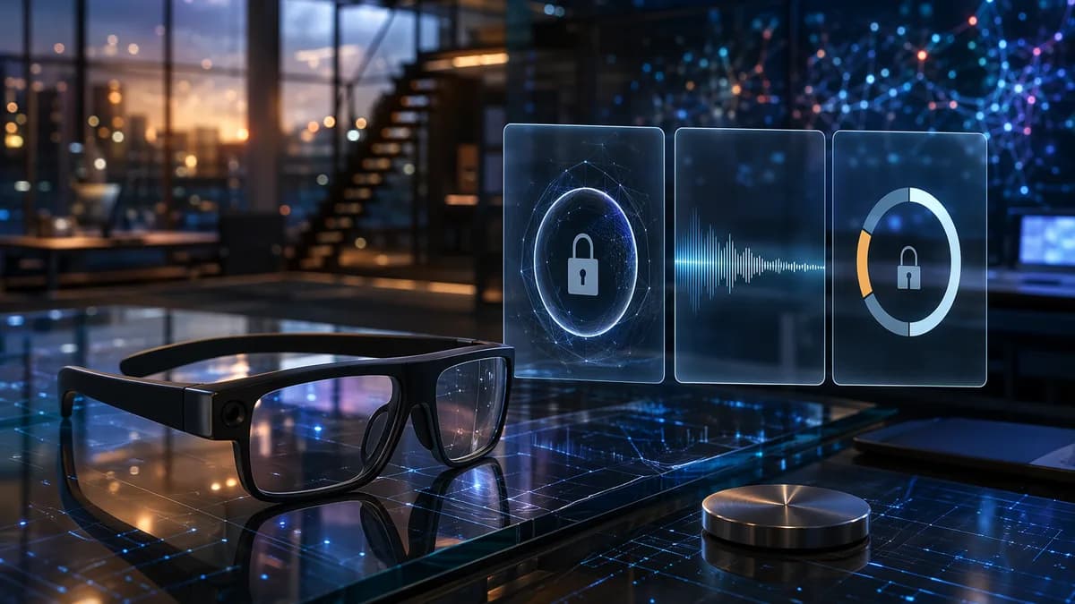 Smart glasses in a futuristic workspace with abstract paywall and usage limit visuals