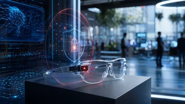Smart glasses with glowing privacy light in a futuristic tech hub, symbolizing camera tamper protection.