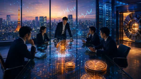 Tokyo finance scene with glowing crypto tokens and digital treasury visuals in a modern boardroom