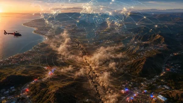 Aerial Mexico-Guatemala border scene with seismic waves, cracked earth, and global map connections.