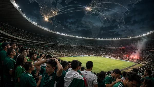 Stunned fans in a Mexico City stadium beneath a glowing world map and global connection lines.