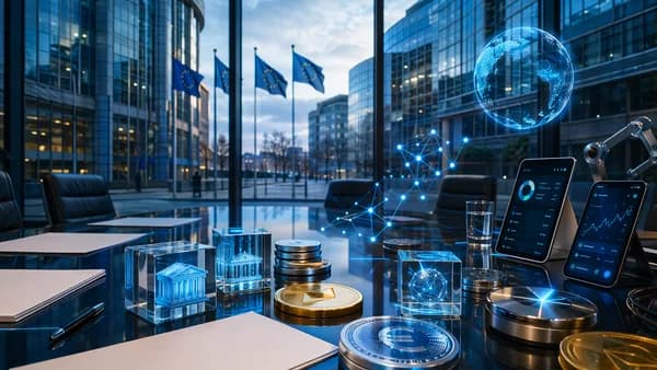 European crypto regulation scene with digital tokens, blank policy papers, and blockchain visuals in Brussels