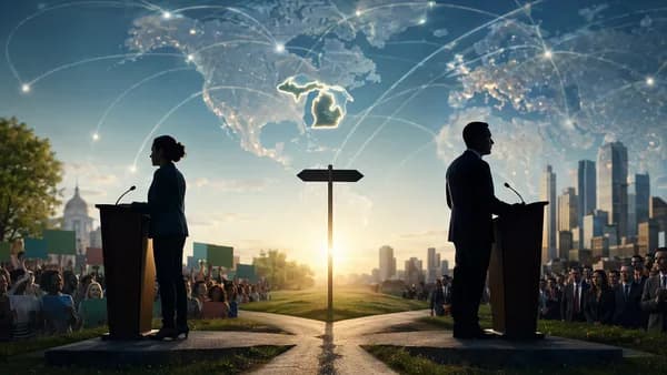 Symbolic Michigan Democratic primary crossroads with global map connections and two contrasting political paths