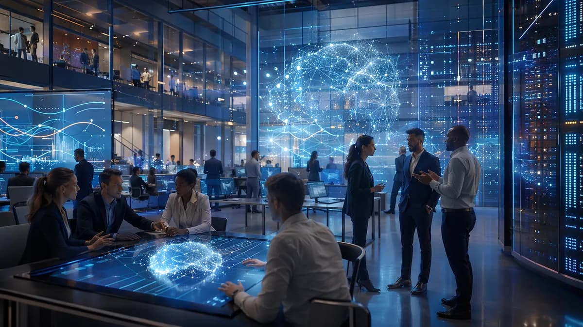 Enterprise AI deployment team in a futuristic innovation hub with glowing networks and screens.