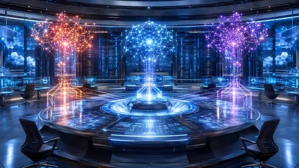 Futuristic AI command center showing competing neural network clusters in a sleek cloud technology workspace.