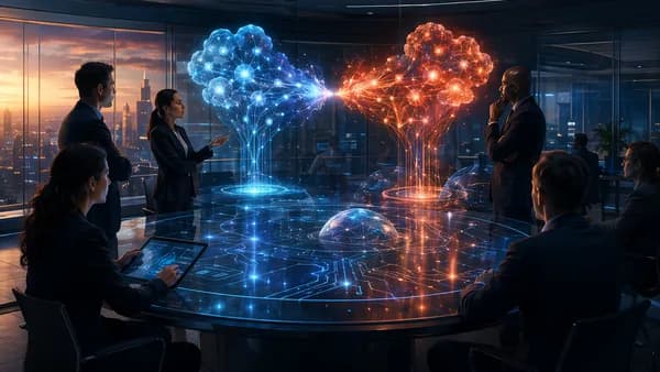 Futuristic AI sales war room with holographic neural networks and competing cloud platforms