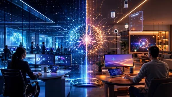 Futuristic AI workspace showing enterprise and consumer assistants merging into one neural interface