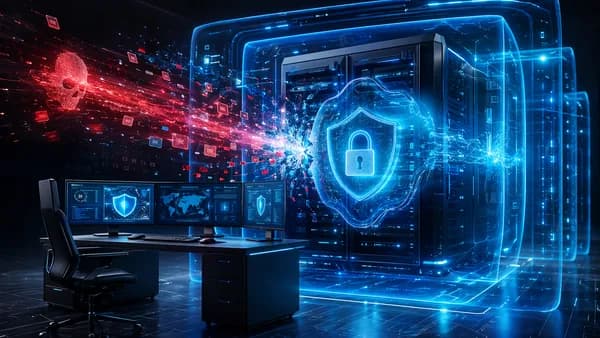 Enterprise endpoint shield blocks a rogue cyber intrusion in a dark data protection scene.
