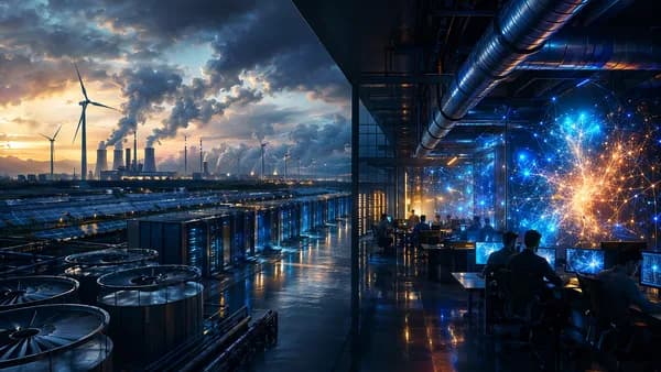 AI data center with emissions haze and green energy elements, symbolizing rising tech climate impact.