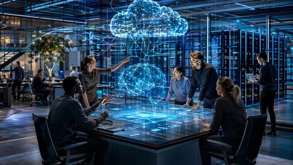 Enterprise AI command center with engineers, neural networks, cloud systems, and futuristic deployment screens