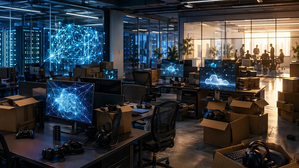 Futuristic gaming office with empty desks, AI visuals, and server racks suggesting corporate restructuring.