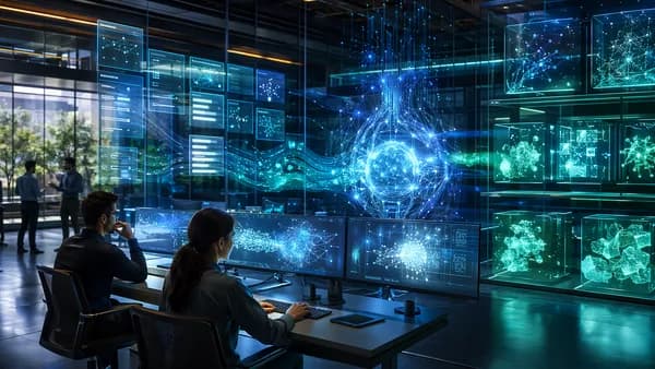 Futuristic office AI hub routing productivity prompts through neural networks and data streams.