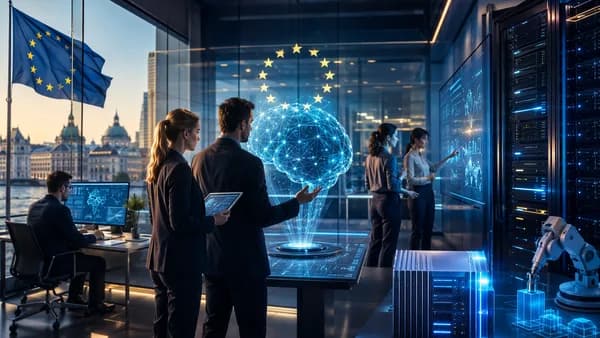 European enterprise AI hub with secure servers, neural networks, and futuristic workstations