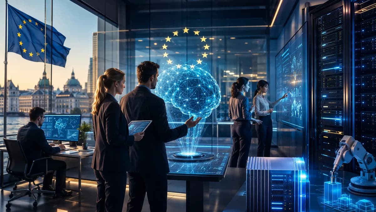 European enterprise AI hub with secure servers, neural networks, and futuristic workstations