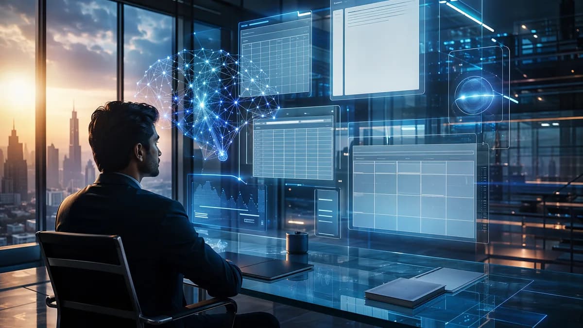 Indian tech founder in futuristic AI workspace with blank holographic productivity panels