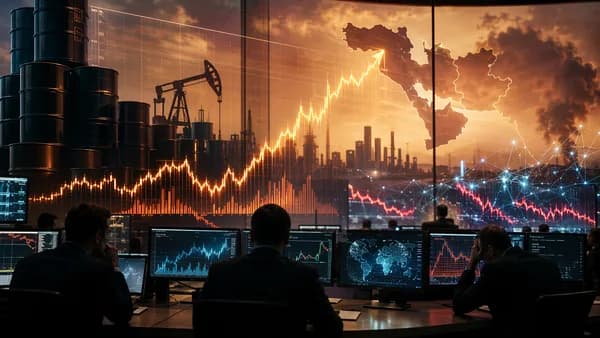 Oil barrels, falling market charts, and tense trading floor visuals amid Middle East risk.