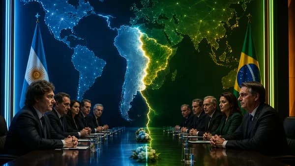 Tense Argentina-Brazil diplomatic clash shown with leaders' silhouettes and a fractured South America map.