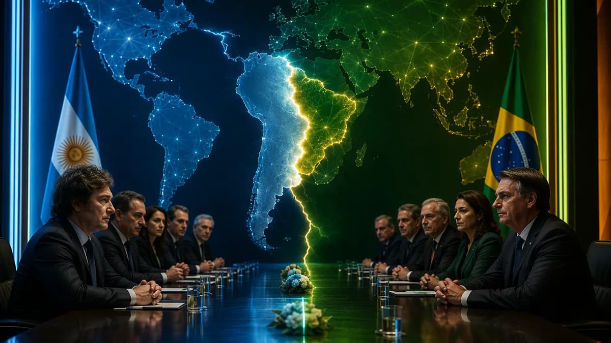 Tense Argentina-Brazil diplomatic clash shown with leaders' silhouettes and a fractured South America map.