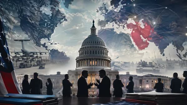 US Capitol and world map symbolize congressional revolt over military aid to Israel.